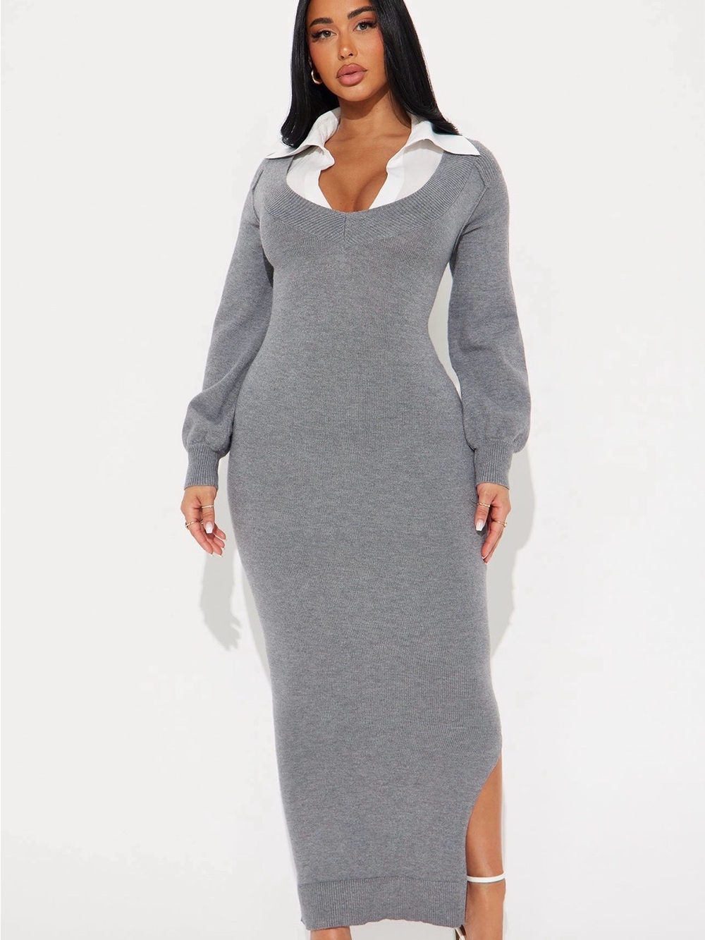 Grey Knit Long-Sleeve Sweater Dress with Collar